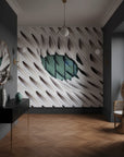 Modern white wallpaper featuring organic aperture form detail