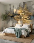 The Gold Seam gold grey and black abstract wallpaper in a warm and inviting living room