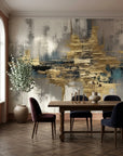 The Gold Seam gold grey and black abstract wallpaper as a feature wall in a bright home office