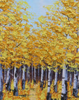 The Golden Corridor golden autumn birch forest wallpaper creating ambiance in a serene bathroom