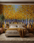 The Golden Corridor golden autumn birch forest wallpaper in a warm and inviting living room