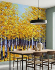 The Golden Corridor golden autumn birch forest wallpaper adding character to a cozy bedroom