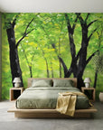 The Green Cathedral lush green forest canopy wallpaper in a warm and inviting living room