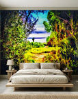The Green Gate vibrant garden path landscape wallpaper in a warm and inviting living room