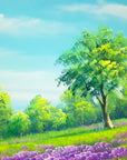 The Lilac Season lavender meadow and green tree landscape wallpaper creating ambiance in a serene bathroom