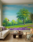 Smooth lavender meadow green tree pastoral landscape peel and stick wallpaper - The Lilac Season