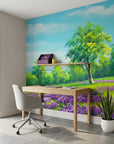 The Lilac Season lavender meadow and green tree landscape wallpaper as a feature wall in a bright home office