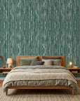 Tidal Grain green vertical woodgrain wallpaper adding character to a cozy bedroom