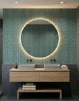 Tidal Grain green vertical woodgrain wallpaper creating ambiance in a serene bathroom
