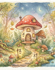 Whimsical Toadstool Hollow wallpaper featuring fairy tale mushroom cottages in watercolor forest under starlit sky