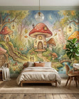 Whimsical Toadstool Hollow wallpaper featuring mushroom cottages and enchanted forest in child's bedroom