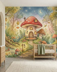 Whimsical Toadstool Hollow wallpaper featuring enchanted mushroom cottage with forest animals in watercolor nursery mural