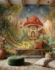 Whimsical Toadstool Hollow wallpaper mural featuring enchanted forest with mushroom houses in cozy bohemian nursery setting