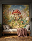 Whimsical Toadstool Hollow wallpaper mural featuring enchanted mushroom cottage under starlit forest canopy