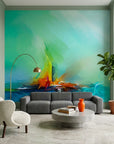 Canvas-like green and orange abstract seascape peel and stick wallpaper - Torch & Tide
