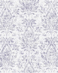 Elegant Tranquil Flora damask wallpaper in soft lavender and white with vintage botanical scrollwork pattern
