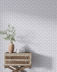 Soft gray and white Tranquil Flora peel and stick wallpaper with delicate botanical damask pattern in modern room