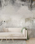 Trees Gold watercolor mural wallpaper with gray, beige, and golden autumn tones in modern living room