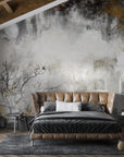 Abstract watercolor Trees Gold wallpaper in gray and gold tones on modern bedroom accent wall