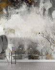 Gray and gold Trees Gold watercolor wallpaper with autumn foliage in modern living room setting