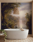 Tropical River Sanctuary wallpaper mural featuring misty jungle landscape behind freestanding bathroom tub