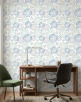 Turning Blue coastal dot peel and stick wallpaper as a feature wall in a bright home office