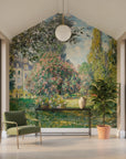Impressionist garden mural wallpaper featuring blooming trees and Parisian architecture in soft pastels