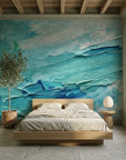 Turquoise Surge ocean blue impasto abstract wallpaper in a warm and inviting living room