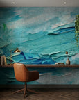Turquoise Surge ocean blue impasto abstract wallpaper adding character to a cozy bedroom
