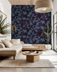 Deep violet wallpaper adorned with a shadowy blue floral vine motif