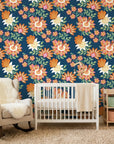 Smooth navy jewel-toned floral botanical peel and stick wallpaper - Twilight Frond as a feature wall in an office