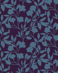 Deep plum wallpaper overlaid with blue shadowed vines and flowers (Twilight Bloom)