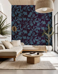 Deep violet wallpaper adorned with a shadowy blue floral vine motif