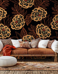 Self-adhesive wallpaper featuring an orange and black outlined floral design (Twilight Garden)