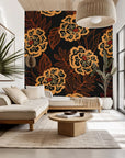 Self-adhesive, removable wallpaper featuring an orange and black outlined floral pattern, style: Twilight Garden