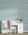 Duck egg blue and cream damask Twilight Garden Veil wallpaper behind elegant white vanity desk