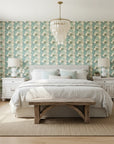 Urchin Tide coastal teal and sage shell wallpaper adding character to a cozy bedroom