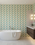 Urchin Tide coastal teal and sage shell wallpaper creating ambiance in a serene bathroom