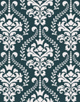 Dark teal and cream Veiled Botany damask wallpaper with ornate scrollwork and botanical motifs
