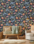 Matte dark navy floral vine peel and stick wallpaper - Velvet Night Garden adding character to a bedroom