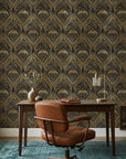 Velvet Plume dramatic black and gold art nouveau wallpaper adding character to a cozy bedroom