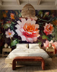 Textured close up pink and coral painted rose peel and stick wallpaper - Velvet Rose