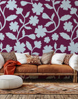Self-adhesive wallpaper (Velvet Bloom) in deep red, patterned with pale blue flower outlines