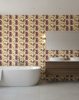Velvet Orchid romantic burgundy and gold floral wallpaper creating ambiance in a serene bathroom