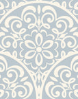 Elegant Velvet Vine Serenade wallpaper with soft blue and cream damask scrollwork in traditional ornamental design