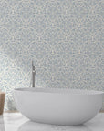 Blue and cream Velvet Vine Serenade peel and stick wallpaper in modern bathroom setting