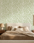 Smooth sage green leaf sprig botanical peel and stick wallpaper - Verdant Canopy