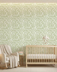 Smooth sage green leaf sprig botanical peel and stick wallpaper - Verdant Canopy adding character to a bedroom