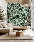 The Verdant Cascade wall covering, a deep emerald botanical paper showing a thick tropical leaf design