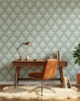 Verdant Damask elegant green damask wallpaper as a feature wall in a bright home office